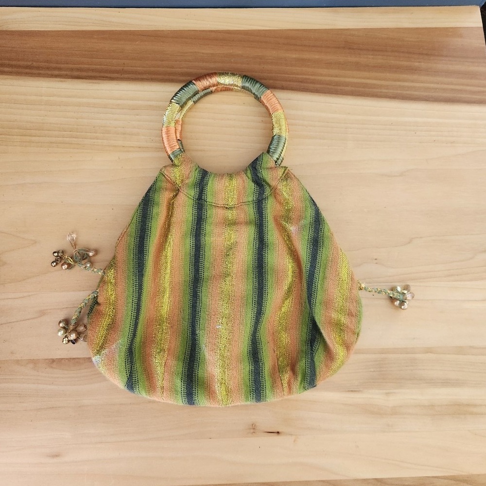 Vintage Home Made Green, Yellow and Gold Striped Purse